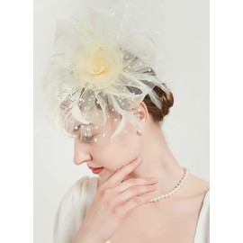 QDC Fascinators for Women Tea Party Headband Hats Cocktail Flower Mesh Feathers Headwear Hair Clip for Wedding Beige