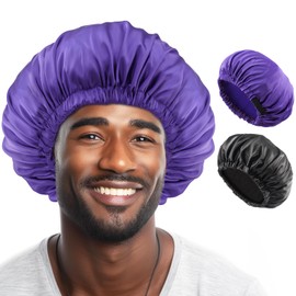 Lolalet 2 PCS Bonnet for Men, Hair Silk Bonnets for Sleeping Mens Adjustable Satin Night Cap for Dreadlocks Afro Braids Curly -Black & Purple