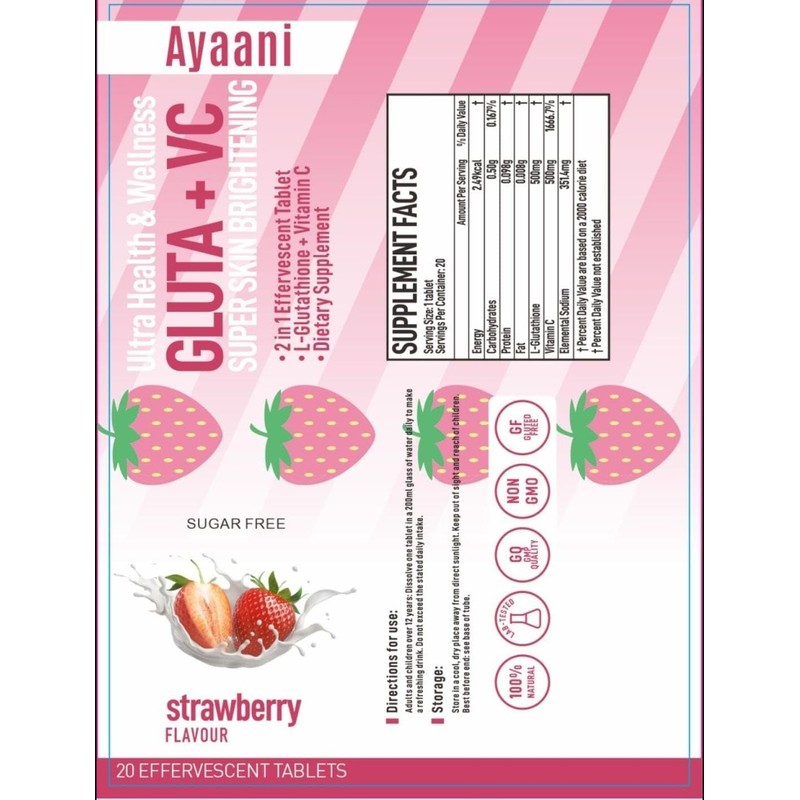 Glutathione 500mg & Vitamin C 500mg Strawberry Flavour Effervescent Tablets-Premium