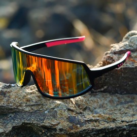 TIANYESY Polarised Sports Sunglasses for Men Womens Cycling Sunglasses UV400 Protection Superlight Frame Glasses for Skiing, Running (Black frame/orange red lens)