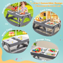 Costzon Costzon Kids Picnic Table with Sensory Bins, 4 in 1 Sand and Water Table with Height Adjustable Umbrella, Removable Tabletop, Wooden Kids Outdoor Table for Backyard Patio Play