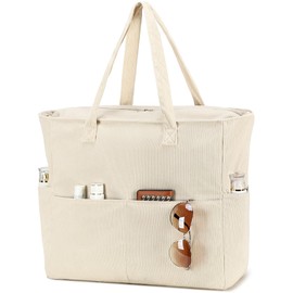 LEDAOU Large Beach Bag with Zip Women's Waterproof Shoulder Bag Tote Bag Shopper Sandproof with Zip Pool Fitness Travel Bag Family, Cord Beige