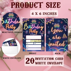 SIXEIGHT Glow Birthday Party Invitations, Neon Birthday Invitations for Kids, 20 Double Sided Invite Cards with Envelopes for Boys Girls, Glow Party Decorations Supplies, 4"x6"-C27