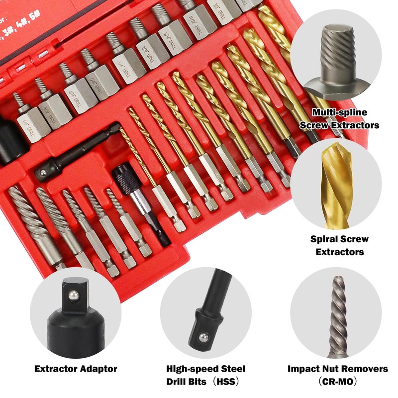 UYECOVE 32Pcs Screw Extractor Set, Left Hand Drill Bit Set