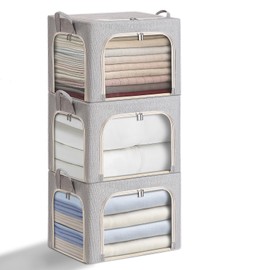 combocube 3-Side Zippered Openings Clothes Storage Bins with Thick Metal Frame, Stackable & Foldable Clothing Storage Bins with Lid, Linen Fabric Closet Storage Box with Large Clear Window, 3 Pack