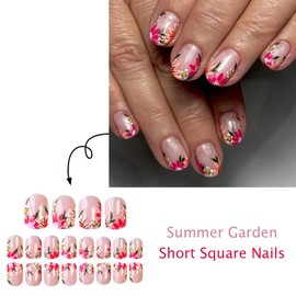 Spring French Press on Nails Short Almond Fake Nails Nude False Nails Wildflowers Full Cover Stick on Nails Acrylic Cute Artificial Glossy Nails for Women Glue on Nails 24 PCS