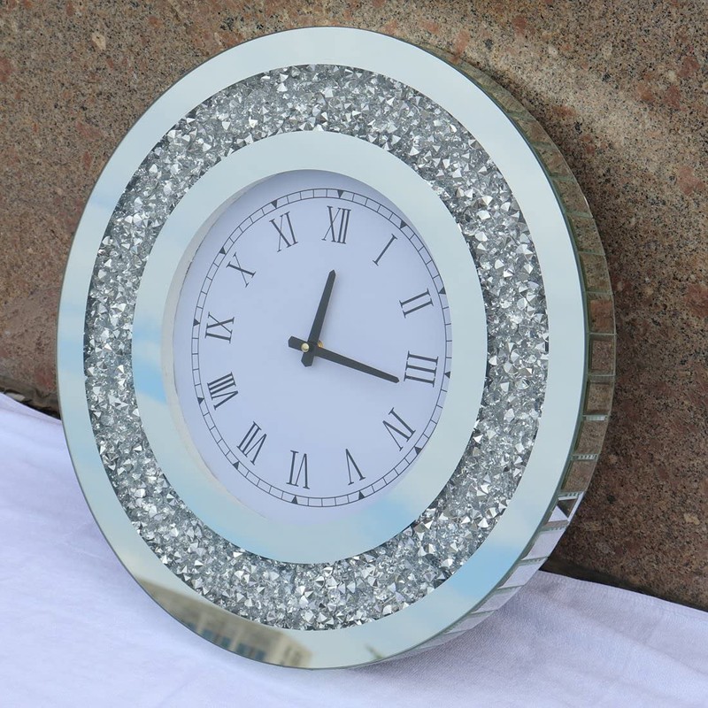 DMDFIRST Silver Round Mirror Clock 20x20inches Crystal Sparkle Twinkle Bling