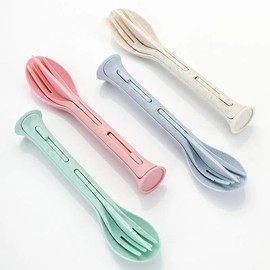 Lecute 4 Juegos de Cubiertos Cuchara Tenedor Cuchillo 3 en 1 Plastico Reusable Ecologico Lonchera Oficina Escuela Portatil Camping Campismo Vajilla De