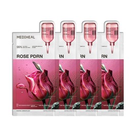 Mediheal Rose PDRN Essential Sheet Mask 4 pcs. 99% Pure White Rose PDRN & Hyaluronic Acid for hydrating, firming, and enhancing moisture barrier, skin firmness, and glow. Vegan formula.
