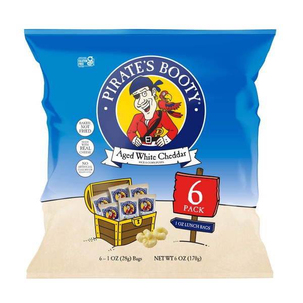 Pirate's Booty Aged White Cheddar Cheese Puffs 6ct, 1oz Individual Snack Size Bags, Gluten Free, Healthy Kids Snacks