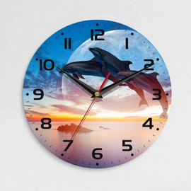 ENUIEO Wall Clock, 10 Inch Silent Non-Ticking Home Kitchen Decor, Battery Operated for Bathroom Bedroom Living Room Office(Dolphin Jumping Sunset,Cute Sea Animals)