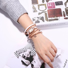 Silverora 4pcs Women's Watch Bracelet Square: Rhinestone Zircon Analogue Quartz Watches Women's Wristwatches with Roman Numerals Bangle Gifts for Women Girls Rose Gold