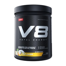 V8 Total Energy – Pre Workout Booster – Trainingsbooster – CarnoSyn®, BetaPower®, natürliches Koffein – Vegan – Zuckerfrei – 20 Portionen – Limited Edition – Pina Colada