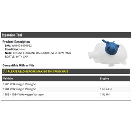 Marketplace Auto Parts - Radiator Coolant Overflow Expansion Tank with Cap - Compatible with 1983-1985 Volkswagen Vanagon
