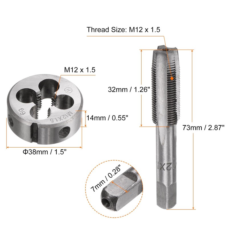 sourcing map 3pcs Metric Hand Tap & Die Set, M12