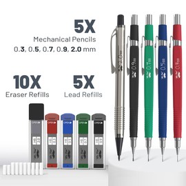Mr. Pen- Art Mechanical Pencil Set, 5 Mechanical Pencils (0.3, 0.5, 0.7, 0.9, 2.0mm), 5 HB Lead Refills & 10 Eraser Refills, Precision Drawing Pencils for Sketching, Writing & Technical Artwork