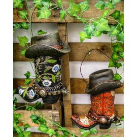 Pack Of 2 Western Red And Black Floral Cowboy Boots Birdhouse Bird Feeder Hanger