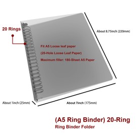 20-Hole Ring Binder, Loose Leaf Folder, A5 Folder, Can Filler Paper Folder (20 Ring Binder, A5-Gray)