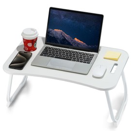 ZEAPTAC Laptop Bed Desk, Foldable Lap Table, Portable Study Table, Laptop Stand with Cup Holder & Tablet Slot & Lifting Handle for Working Writing Drawing & Eating - White