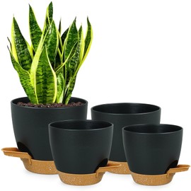 zople Flower Pots 10/9/8/7.5 Inch Self-Watering Flower Pots, Set of 4 Plastic Flower Pots with Drainage Holes and Tray, Nursery Planting Pots for Indoor and Outdoor Plants. Black Brown