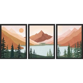 SIGNWIN Framed Set Geometric Mountain Forest Lake Wall Art, Set of 3 Abstract Nature Illustrations Wall Decor Prints, Nordic Wall Décor for Living Room, Bedroom - 12"x16" Black