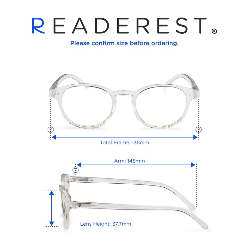 Readerest Round Blue Light Blocking Reading Glasses (Clear, 2.00 Magnification)