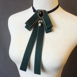 aoozleny Bow Tie For Women, Pre-Tied Ribbon Tie Adjustable Neck Tie with Rhinestone for Collared Blouse Shirt Dress (dark green)