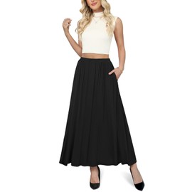 Yincro Womens Maxi Skirt Casual Flowy Elastic High Waist Long Skirts with Pockets (Black, L)