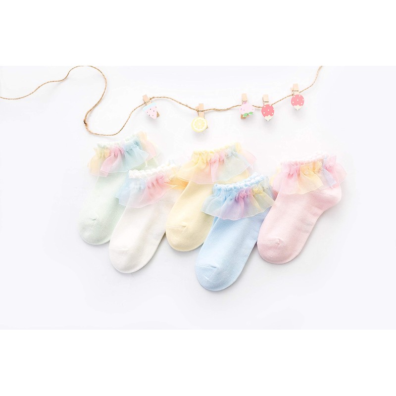 Gwenvenni Calcetines de algodón con volantes y encaje para niñas