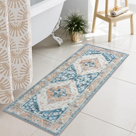Uphome Blue Long Bathroom Rug Boho Tribal Bathroom Rug Runner Soft Plush Machine Washable Bath Mats Non-Slip Oriental Vintage Bath Rugs for Bathtub Sink Vanity, 18x47 inch
