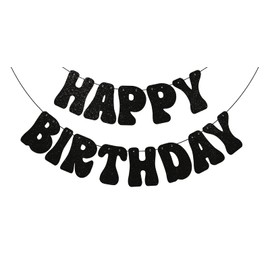 Happy Birthday Banner Black Glitter, Birthday Banner for Birthday Party Baby Shower Anniversary Celebrations Decorations, 70s Cool Birthday Decor
