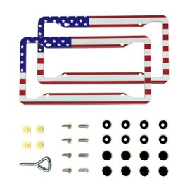Dnas 2 Pack American Flag License Plate Frames Holder with Screws，Universal Premium Metal Aluminum US Flag Patriotic License Plate Frame (American Flag White)