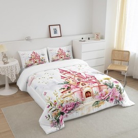 Feelyou Girls Castle Comforter Set Full Size for Kids Teens Girls Woman Pink Castle Dreamy Bedding Set Ultra Soft Fairy Tale Theme Duvet Quilt Flowers Garden Princess Duvet Bedroom Decor