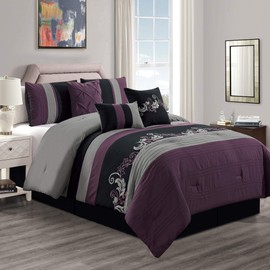 Chezmoi Collection Napa 7-Piece Luxury Leaves Scroll Embroidery Bedding Comforter Set (Queen, Purple/Black/Gray)
