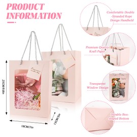 30 PCS Pink Gift Bags with Handles and Clear Window，7*5*9.8 Inch Medium Size Party Favor Tote Bags, Transparent Bouquet Gift Box for Bridal Party, Wedding, Shower, Present, Festival (30PCS, Pink)