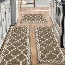 Kitchen mats for Floor 3 Piece Set,Soft Comfort Kitchen Runner Rugs Non Skid Washable,Farmhouse Kitchen mats for Floor Sets,Kitchen Area Rug Floor Mat for Bathroom Entryway Indoor Door (Brown)