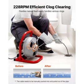50 FT X 5/16 Inch Manual Feed Drain Cleaning Machine 228RPM Electric Drill Sewer Snake Auger Effective Drain CleanerSpring Diameter: 5/16 inch, Spring Length: 50 ft