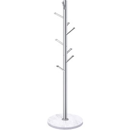 Homde Metal Coat Rack Stand with Natural Marble Base, Stainless Steel Freestanding Clothes Tree Hanger with 8 Hooks, Hall Hanger for Coat Jackets Hat Scarves Handbags Entryway Bedroom (Silver)