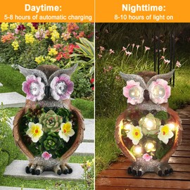 Binqiuu Owl Statue-Owl Garden Statue with 7 LED,Solar Succulent Resin Owl Garden Statue for Lawn Patio Yard Porch Decoration