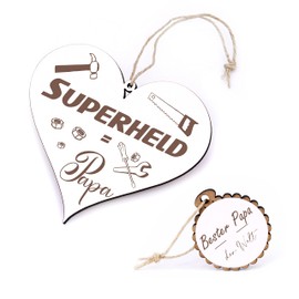 Bester Papa Heart Sign + Wooden Pendant with Engraving Held Vater - Father's Day Decoration Gift Set (Superhero Papa)