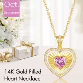 Kstyle Birthday Gift 14K Gold Pink October Birthstone Necklaces for Women Love Heart Pendant Necklace with Libra Zodiac Jewelry for Wife Daughter Sister Mom Non Tarnish (925 Sterling Silver Base)