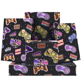 Gaming Birthday Wrapping Paper for Kids Boys Girls Men, 4 Sheets Video Game Controllers Gift Wrap, Game Wrapping Paper Folded Flat 50x70cm per Sheet for 90s Neon Lights Party, Birthday Game Party
