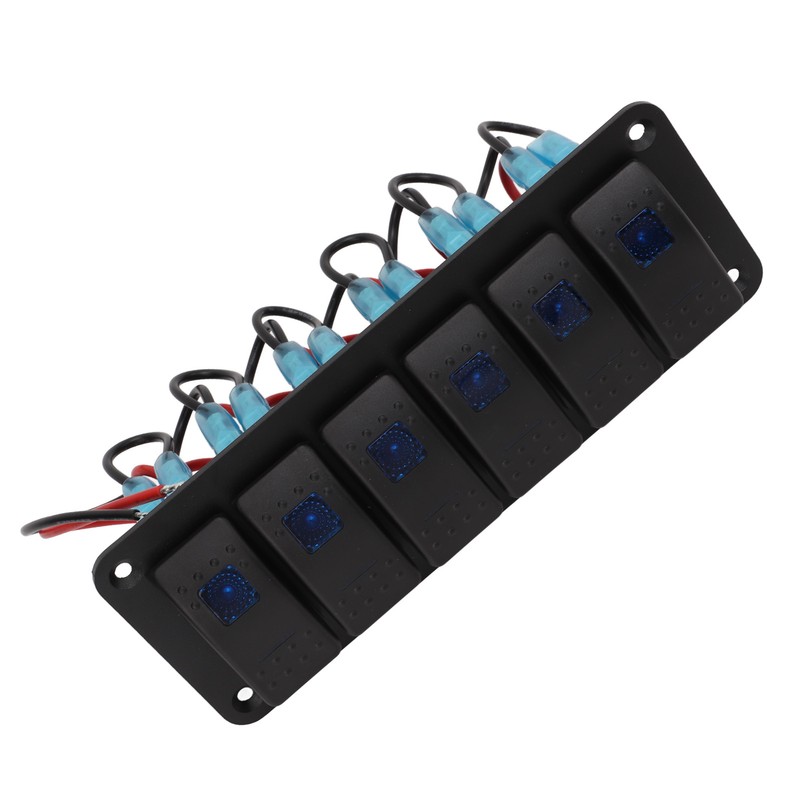 6 Gang Rocker Switch Panel Overcurrent Protection LED Blue Backlit