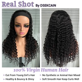 DSEKCAIN Deep Wave Headband Wig Human Hair 26 Inch 200 Density 100% Real Human Hair Deep Curly Headband Wig No Glue No Sew In Glueless Wigs for Women Natural Black 1B Color