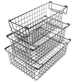 Home-Complete 16" Large Stackable Wire Baskets, 3-size set Organizer Stacking Storage Bins for Shelf, Pantry, Kitchen, Cabinets, can also be used in Chest Freezers (Black)