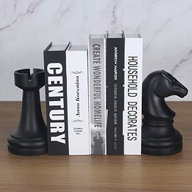 Decorative Chess Bookends for Shelves, Book Ends Decorative for Office Heavy Books, 7x7x4 inches, Black,1Pair/2Piece (Chess)