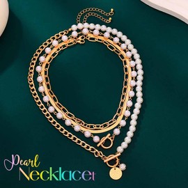 Atigy Pearl Paper Clip Necklace Gold Layered Pendant Necklaces T Bar Chunky Necklace Jewelry for Women, Unit size, Metal, No Gemstone