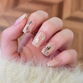 French Fake Nails Short - Short Square French Tip False Nails - Glossy Nude Glitter Press On Nails with Glue - Removable Full Cover Stick on nails Summer Nail for Women Girls