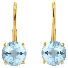 AoneJewelry Aquamarine Gemstone Leverback Earring for Women| 14K Yellow Gold 4mm 0.55 Carat 2 Stone Round Cut Prong Setting Genuine Diamond Wedding Jewelry Collection