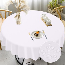 AUAUY Round Table Cloth Wipe Clean Tablecloth 120cm Diameter, Polyester Waterproof Wipeable Circular Table Cloths, Table Cover Washable for Round Dining Table Restaurant, Christmas Table Cloth, White